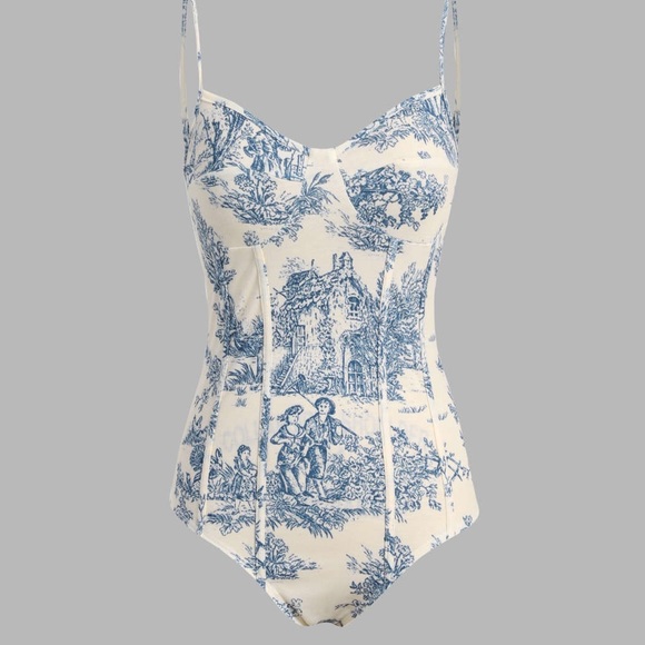 Cider Tops - Cider toile de jouy bodysuit white and blue bodysuit floral bodysuit